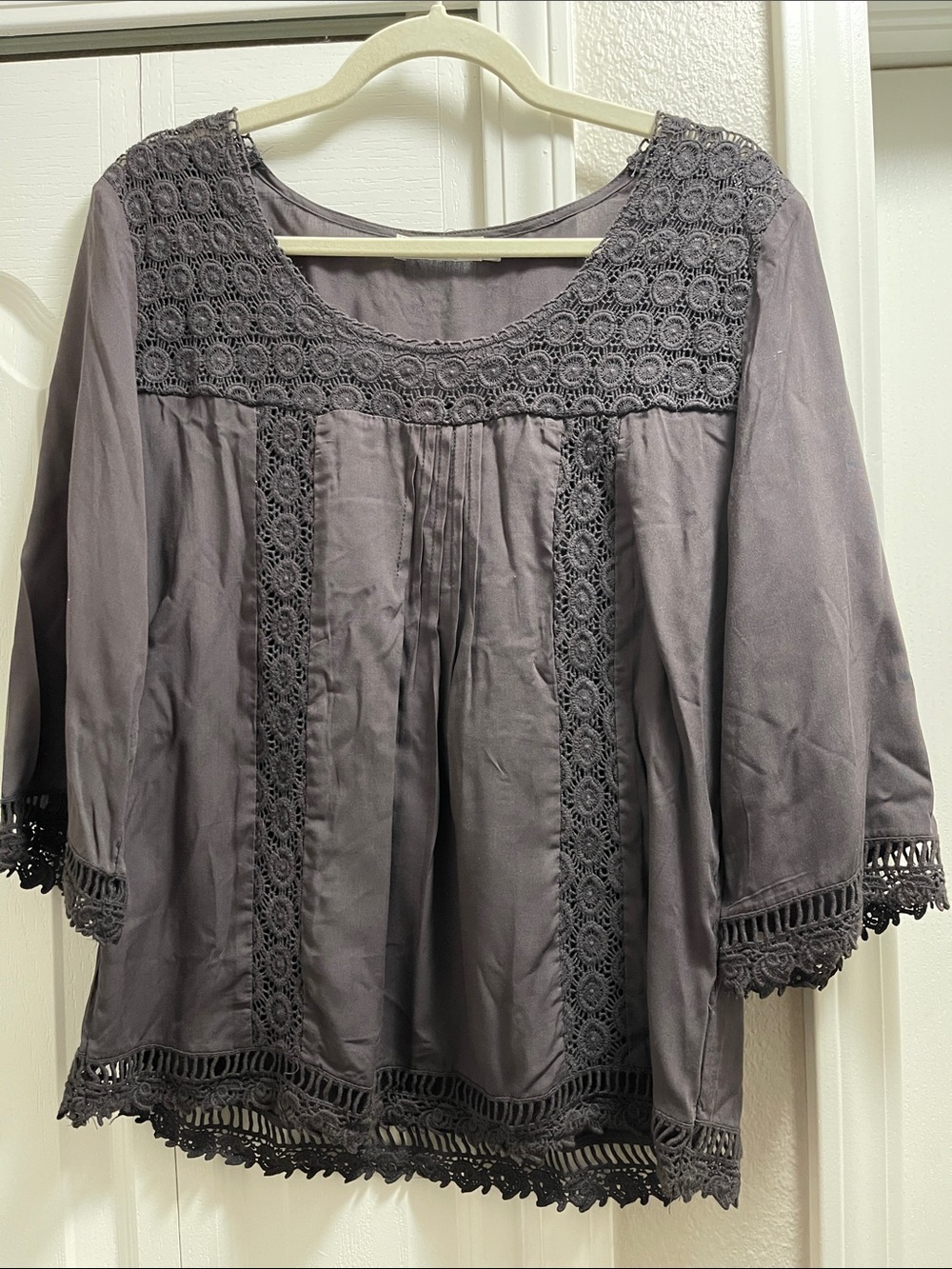 Solitaire Gray Crochet-Trim Scoop Neck Blouse